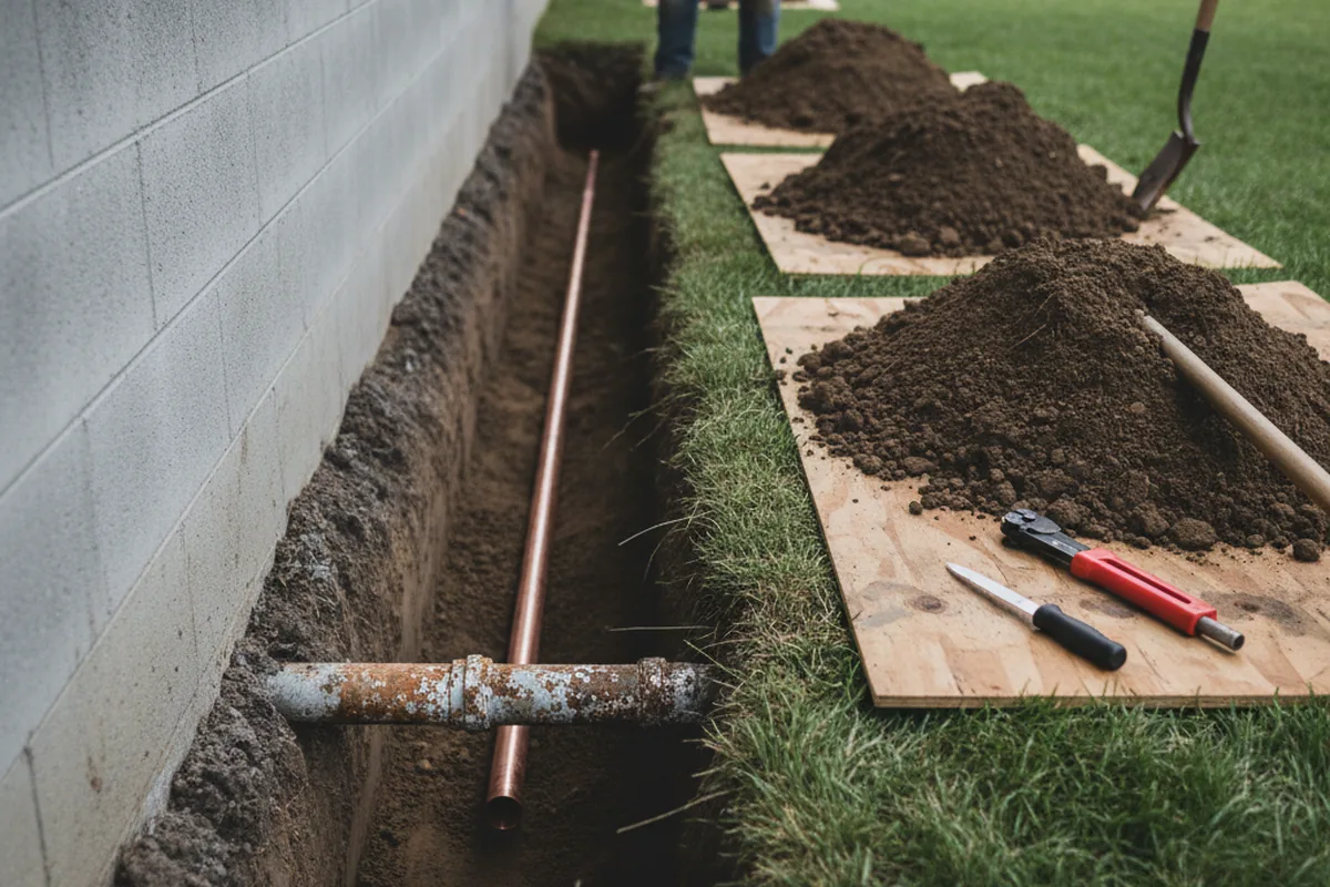 Excavated water line trench during Water Softener Installation in Freeburg